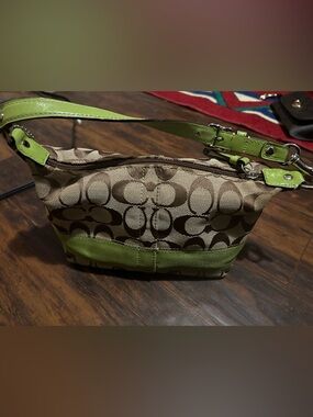 Coach Mini Shoulder Bag in Brown Signature Canvas with Green Trim